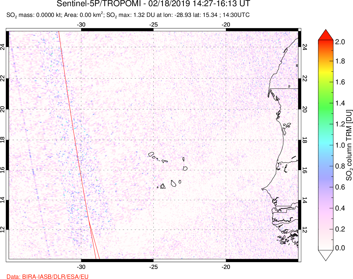 A sulfur dioxide image over Cape Verde Islands on Feb 18, 2019.