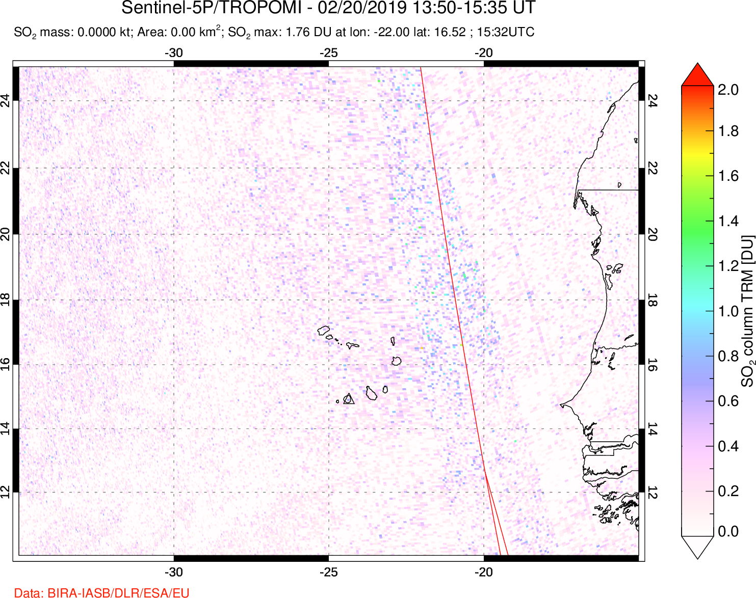 A sulfur dioxide image over Cape Verde Islands on Feb 20, 2019.