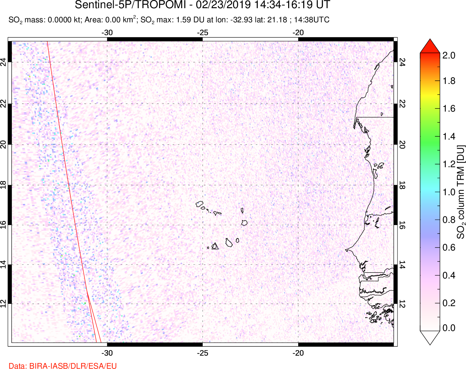 A sulfur dioxide image over Cape Verde Islands on Feb 23, 2019.