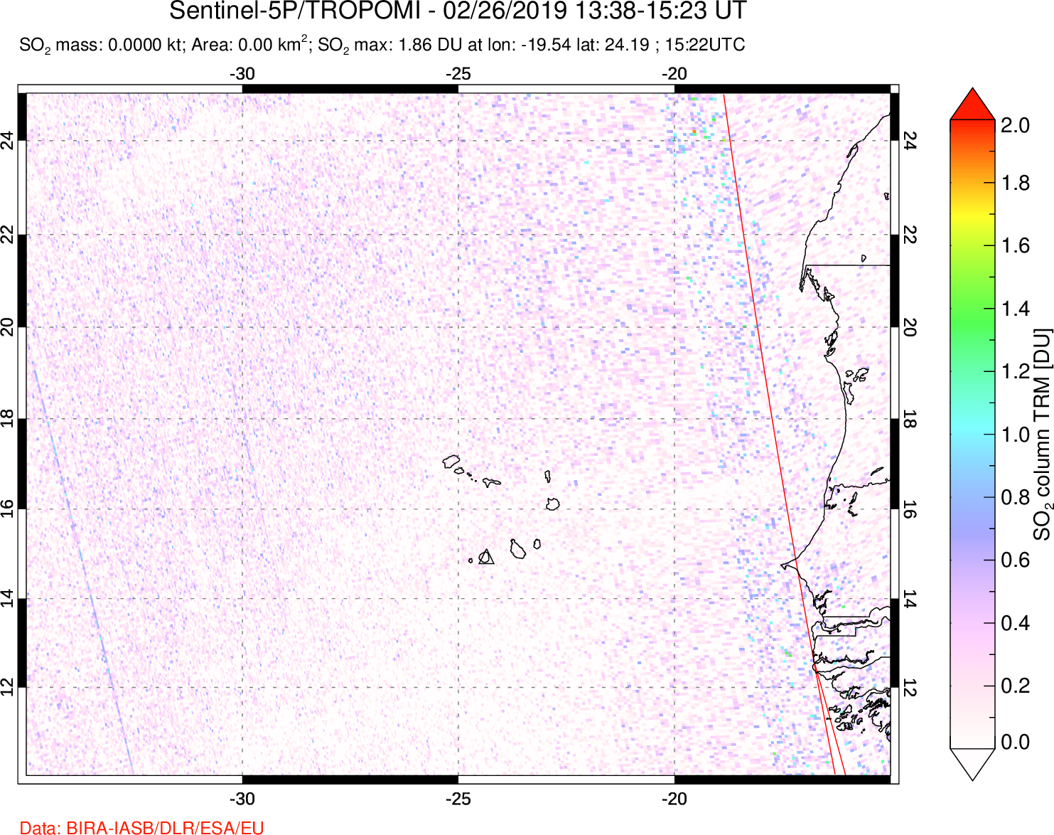 A sulfur dioxide image over Cape Verde Islands on Feb 26, 2019.