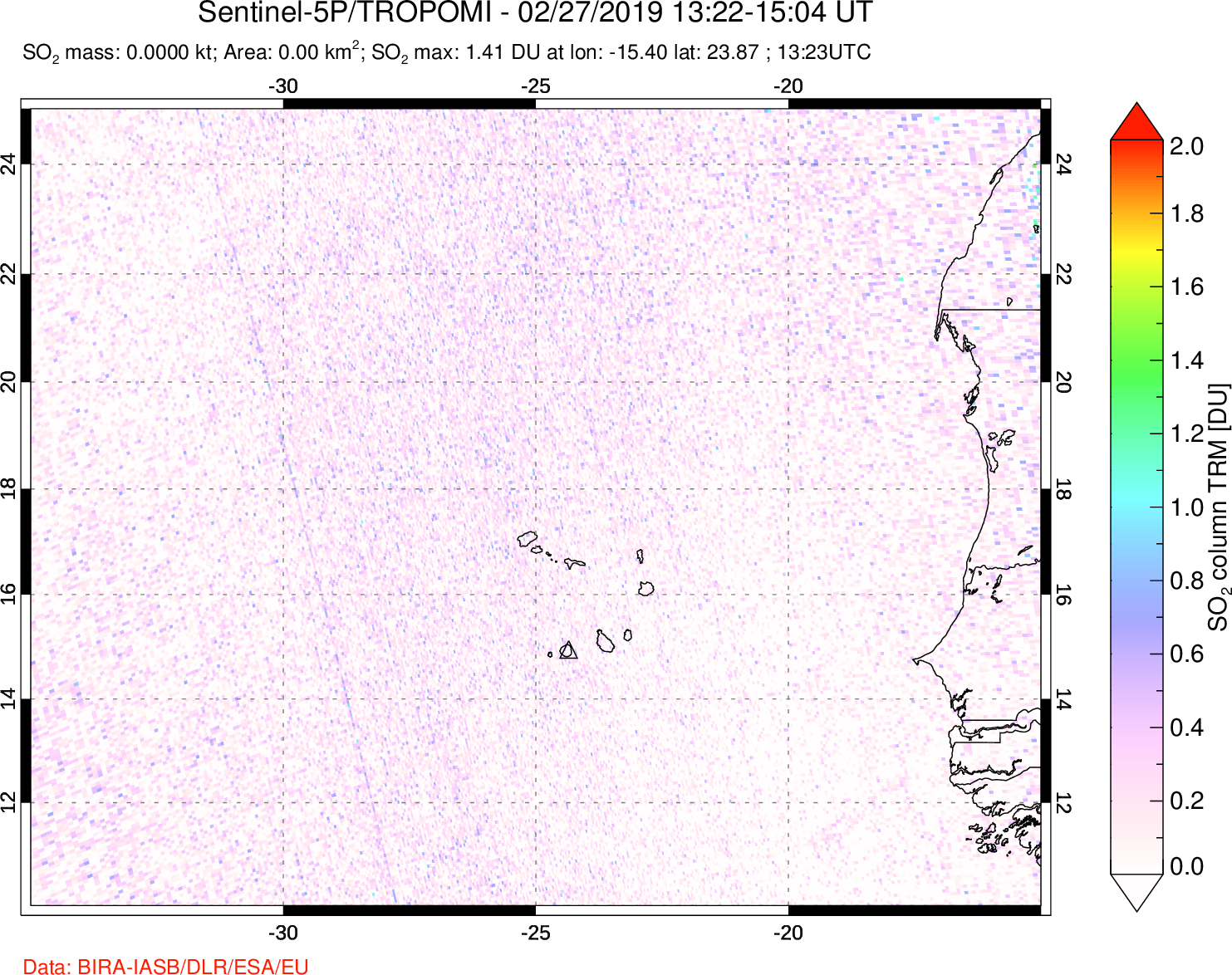 A sulfur dioxide image over Cape Verde Islands on Feb 27, 2019.