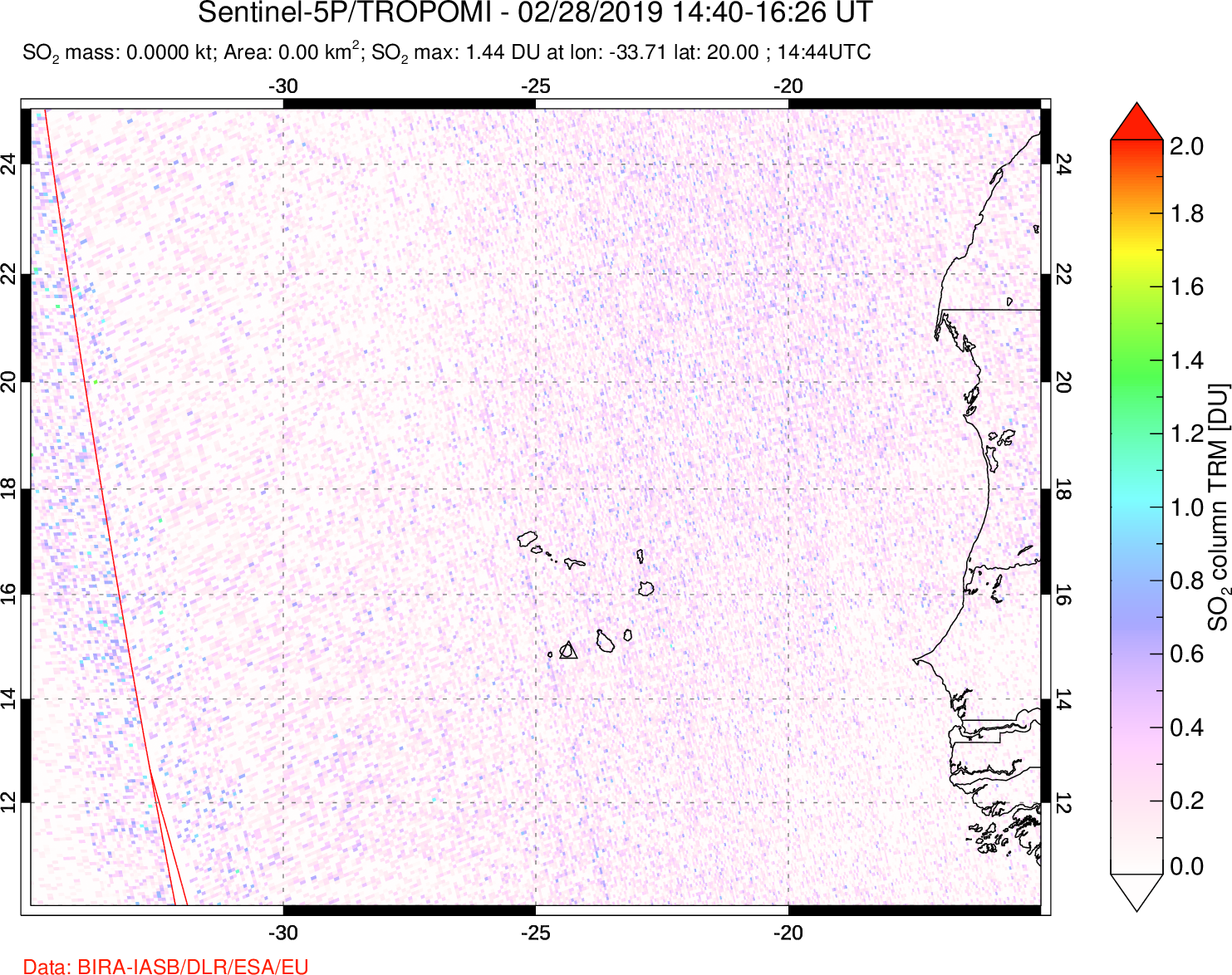 A sulfur dioxide image over Cape Verde Islands on Feb 28, 2019.