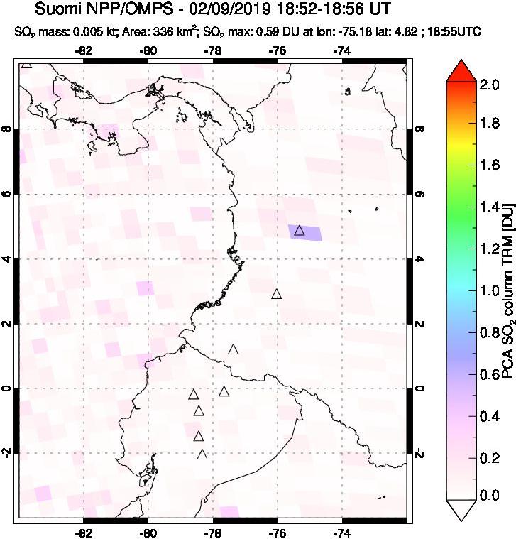 A sulfur dioxide image over Ecuador on Feb 09, 2019.