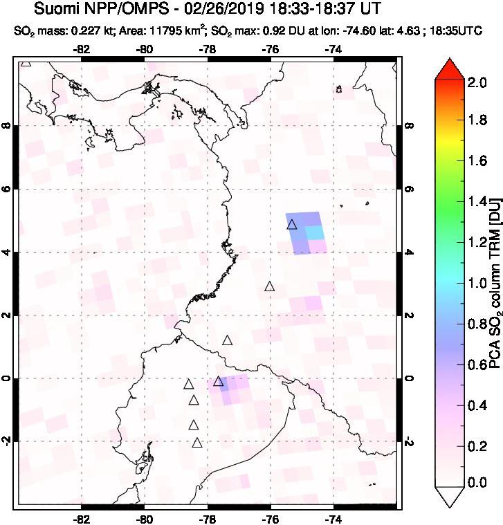 A sulfur dioxide image over Ecuador on Feb 26, 2019.