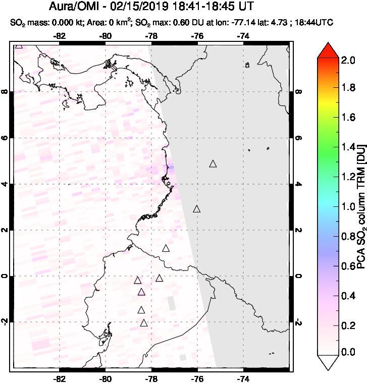 A sulfur dioxide image over Ecuador on Feb 15, 2019.