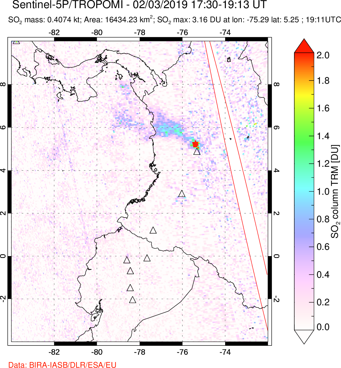 A sulfur dioxide image over Ecuador on Feb 03, 2019.
