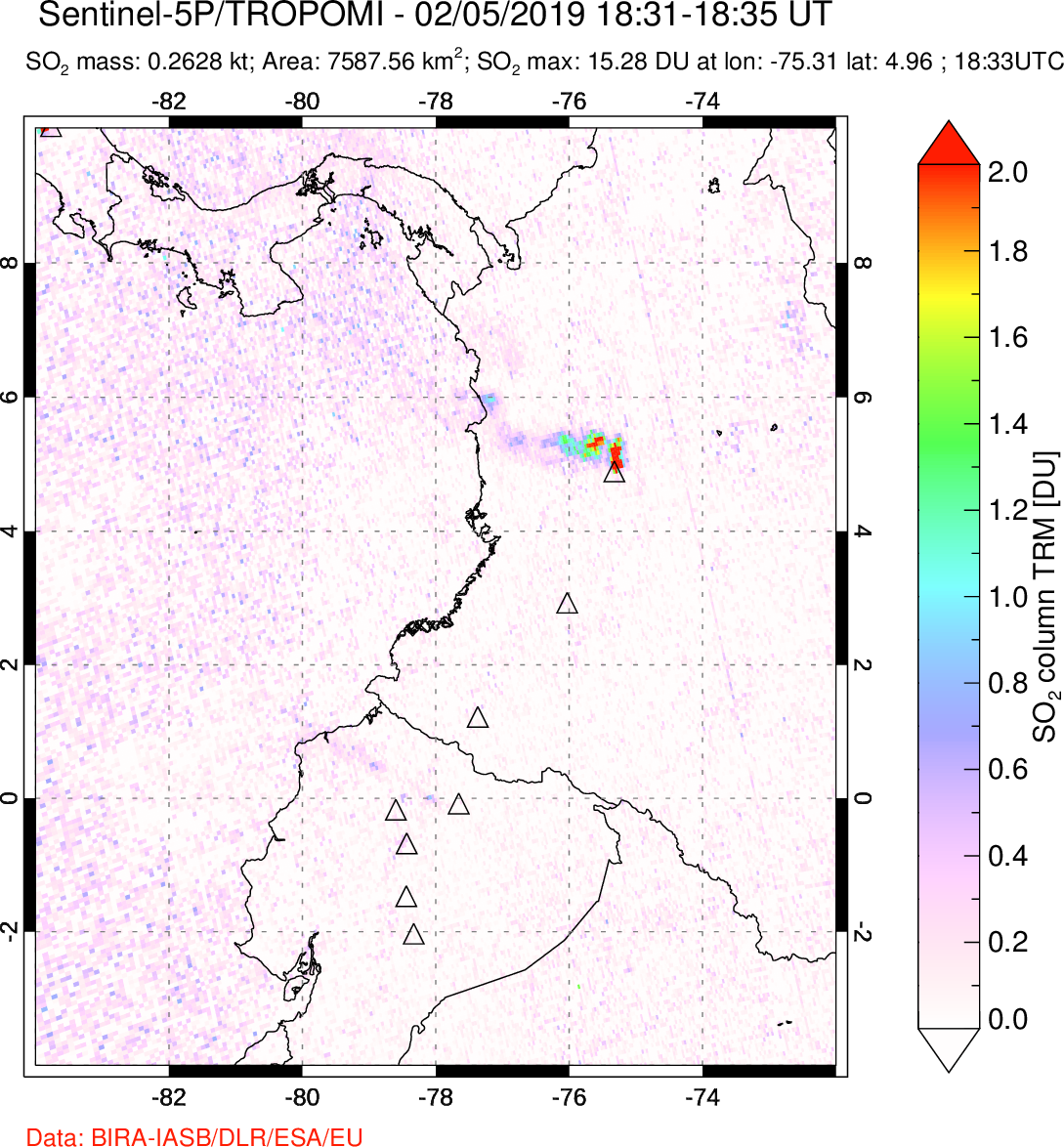 A sulfur dioxide image over Ecuador on Feb 05, 2019.