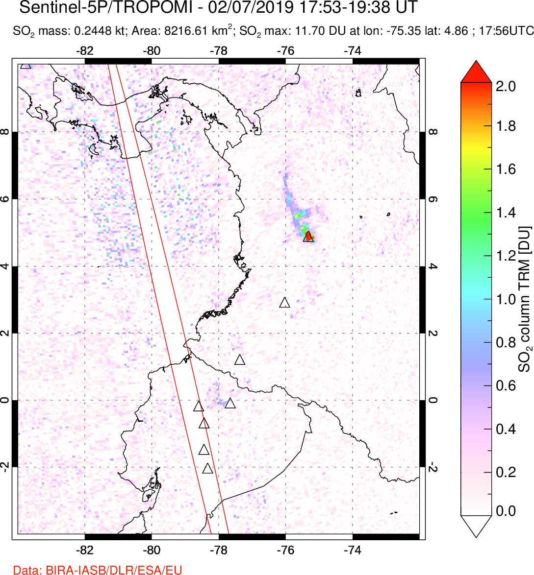 A sulfur dioxide image over Ecuador on Feb 07, 2019.