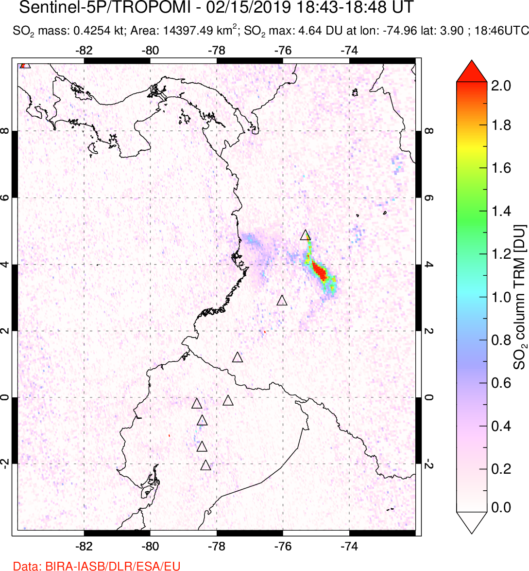 A sulfur dioxide image over Ecuador on Feb 15, 2019.
