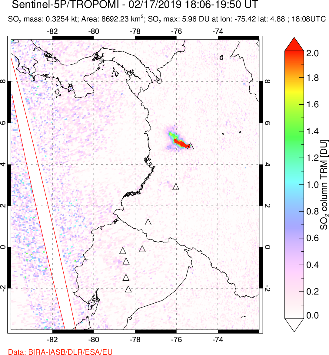 A sulfur dioxide image over Ecuador on Feb 17, 2019.