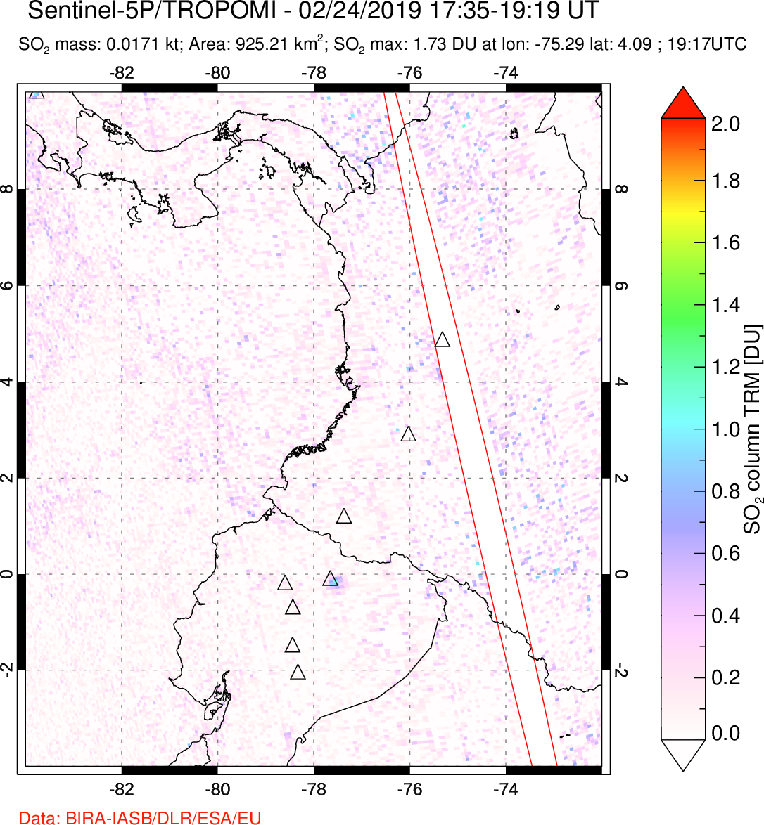 A sulfur dioxide image over Ecuador on Feb 24, 2019.