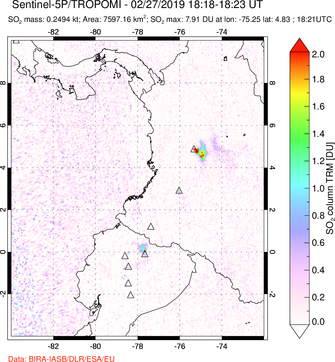 A sulfur dioxide image over Ecuador on Feb 27, 2019.