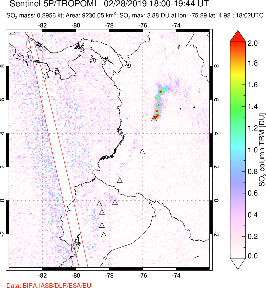 A sulfur dioxide image over Ecuador on Feb 28, 2019.