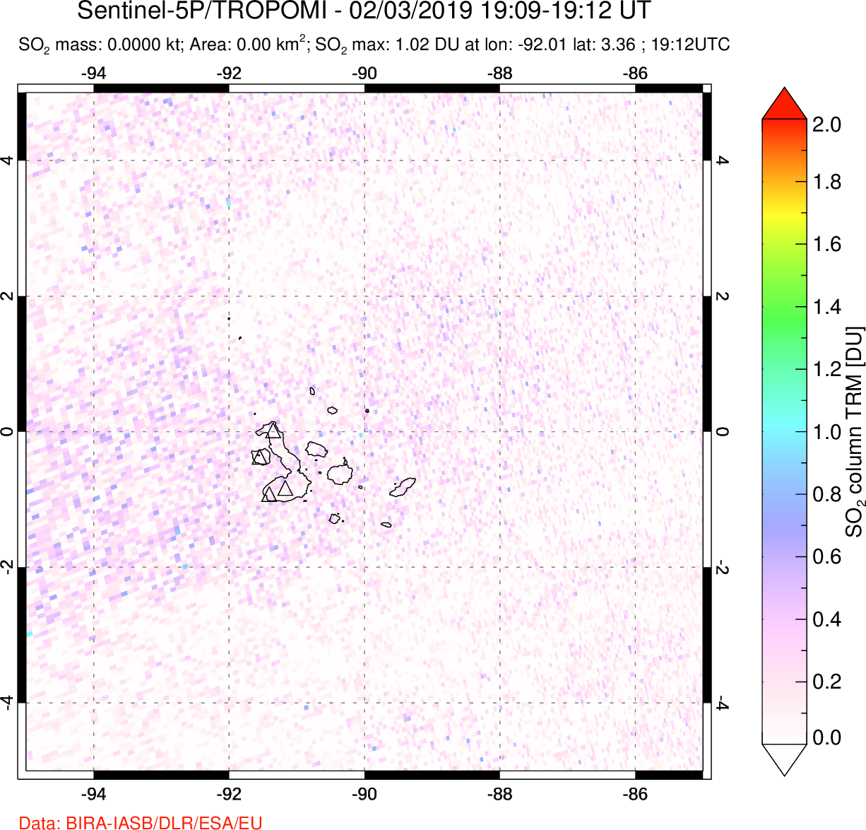 A sulfur dioxide image over Galápagos Islands on Feb 03, 2019.