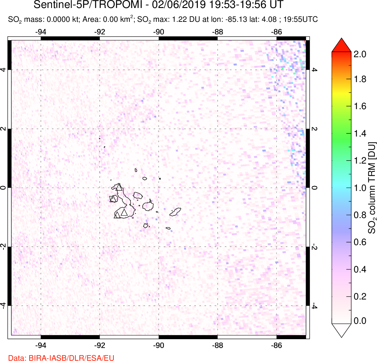 A sulfur dioxide image over Galápagos Islands on Feb 06, 2019.