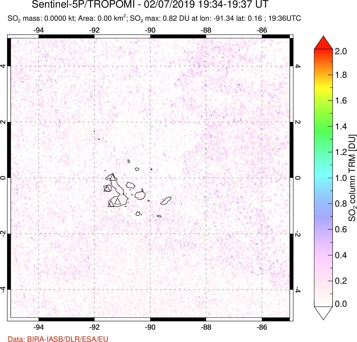 A sulfur dioxide image over Galápagos Islands on Feb 07, 2019.