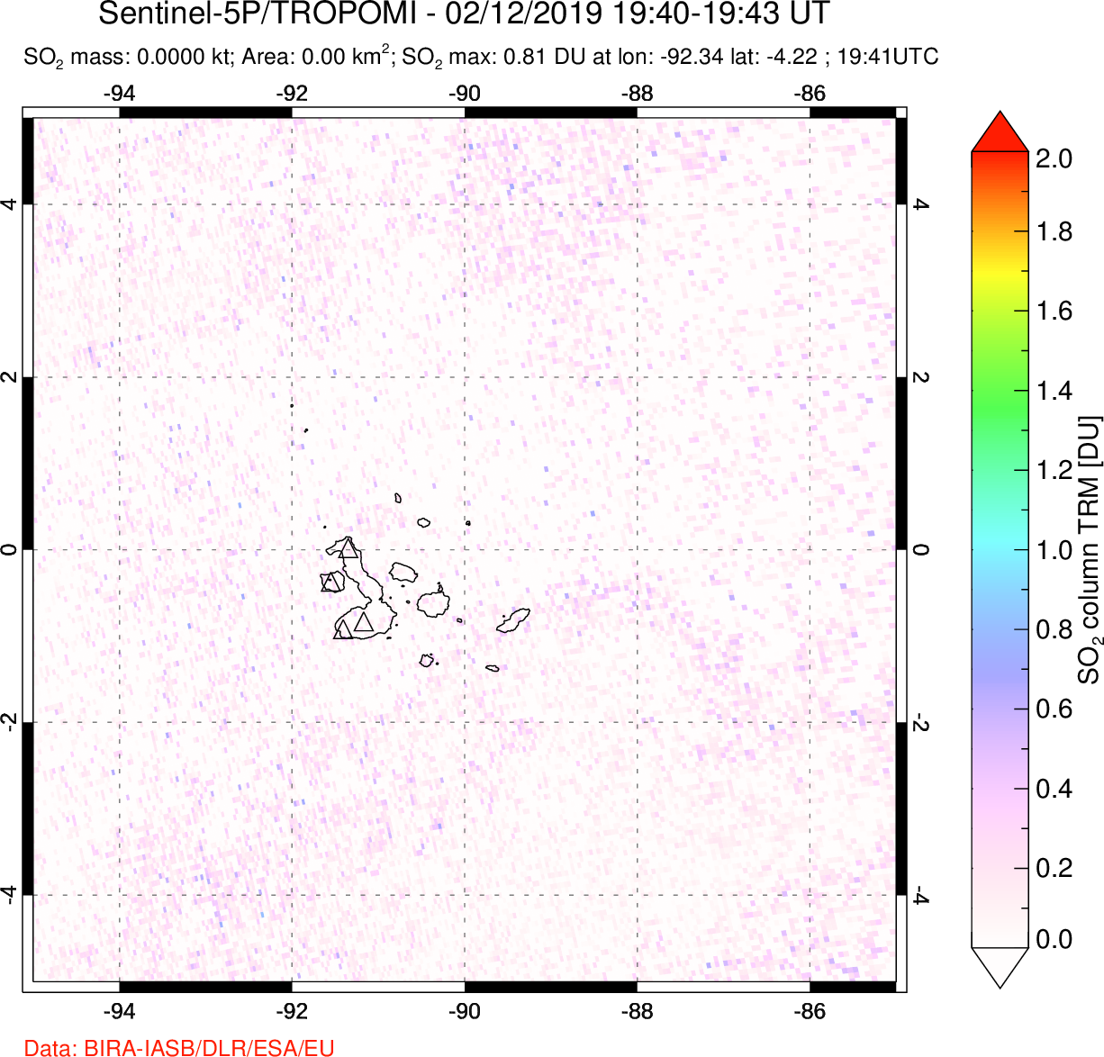 A sulfur dioxide image over Galápagos Islands on Feb 12, 2019.