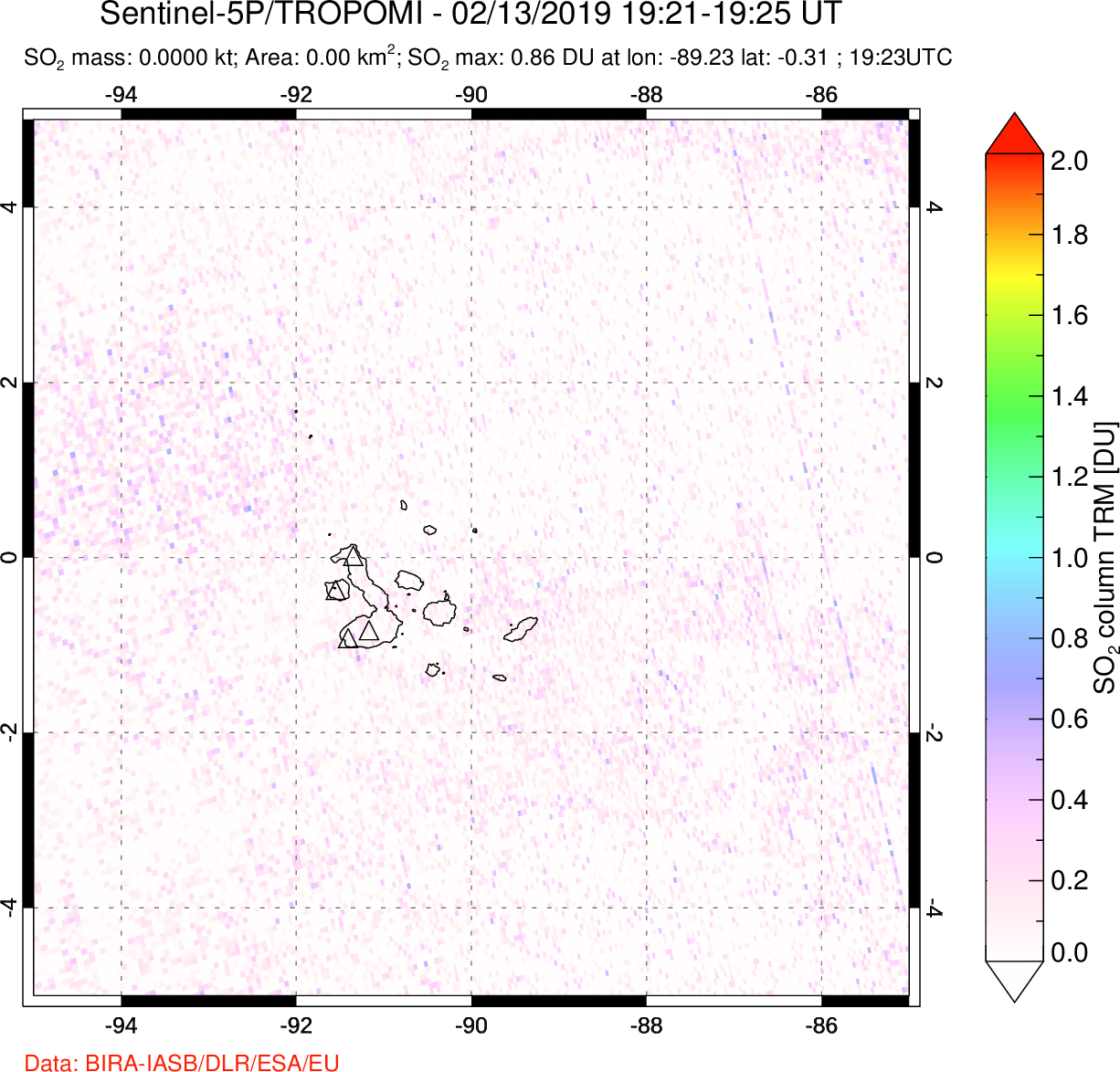 A sulfur dioxide image over Galápagos Islands on Feb 13, 2019.