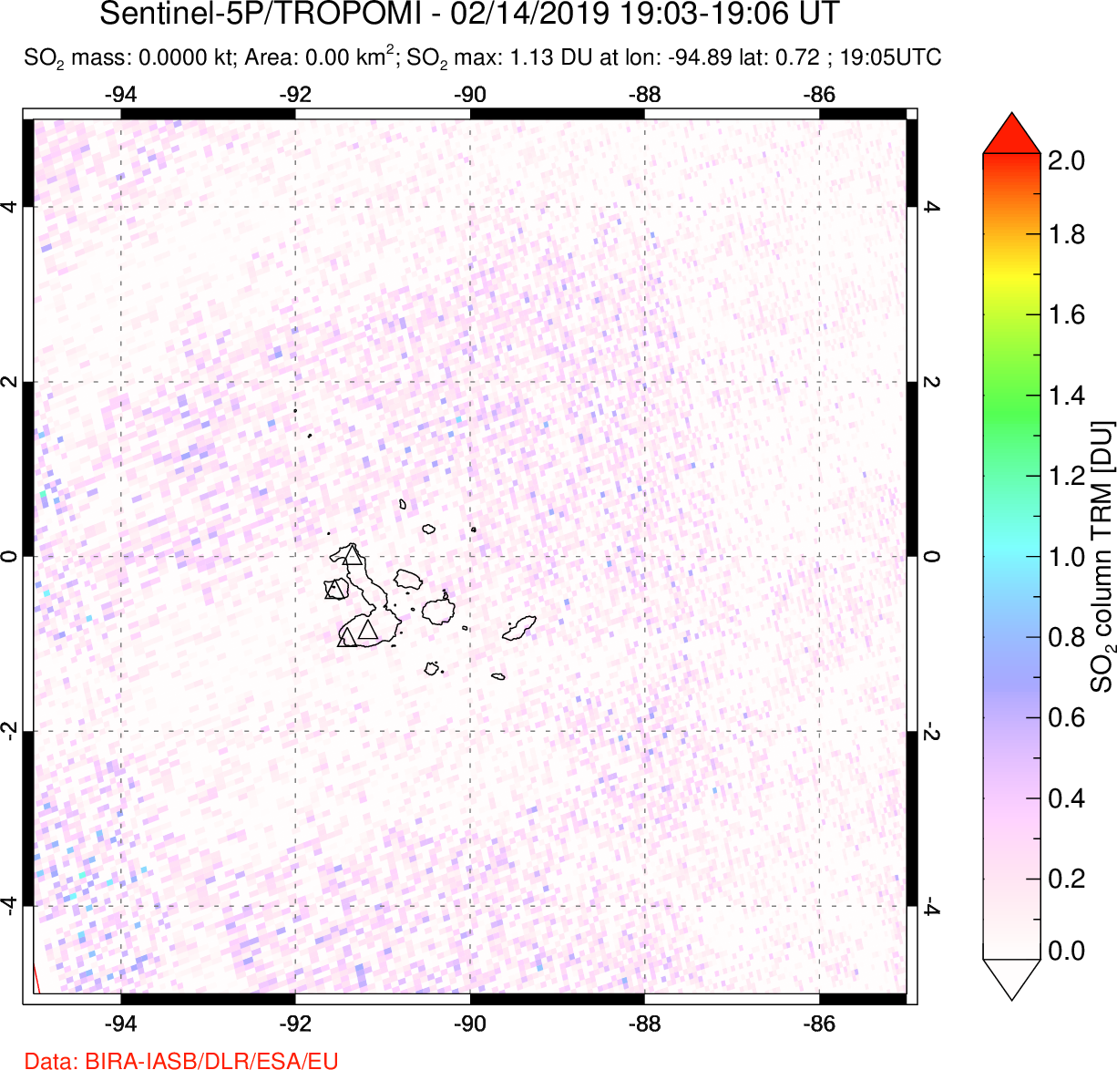 A sulfur dioxide image over Galápagos Islands on Feb 14, 2019.