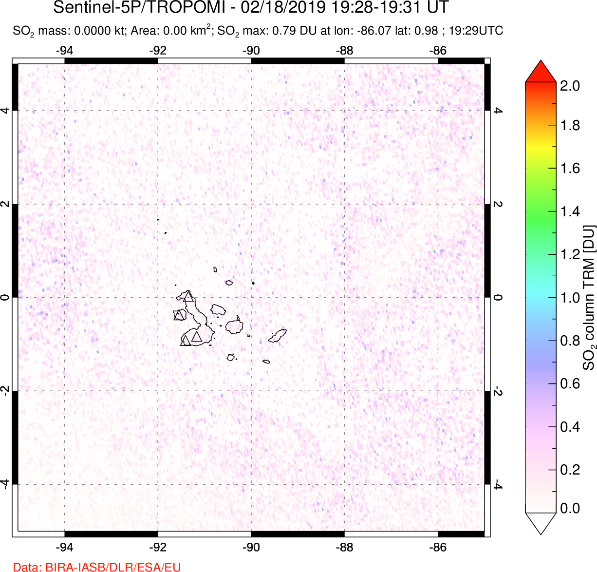 A sulfur dioxide image over Galápagos Islands on Feb 18, 2019.