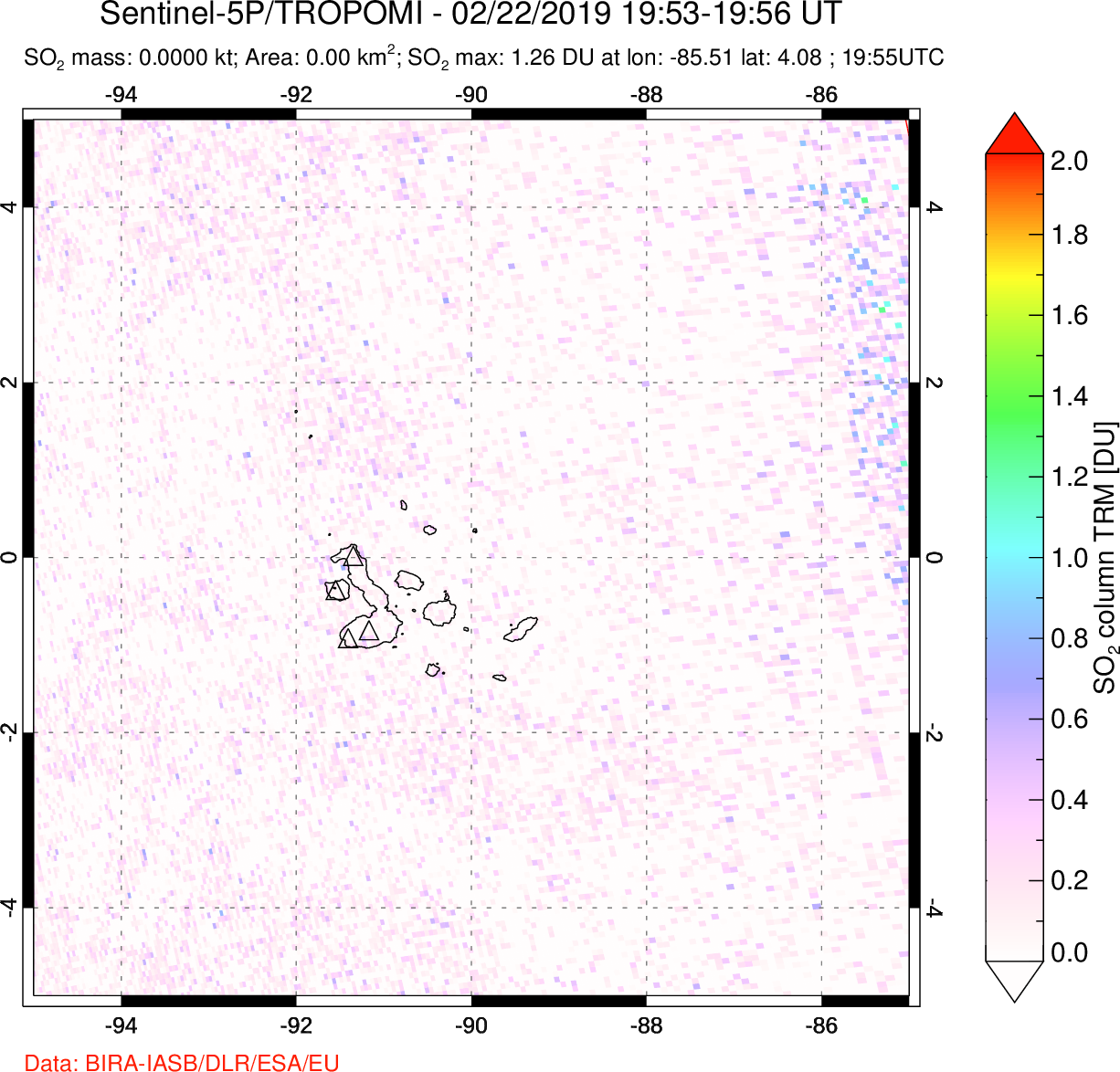 A sulfur dioxide image over Galápagos Islands on Feb 22, 2019.