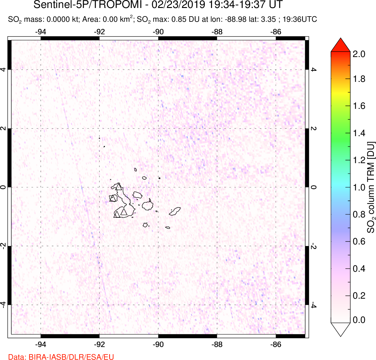A sulfur dioxide image over Galápagos Islands on Feb 23, 2019.