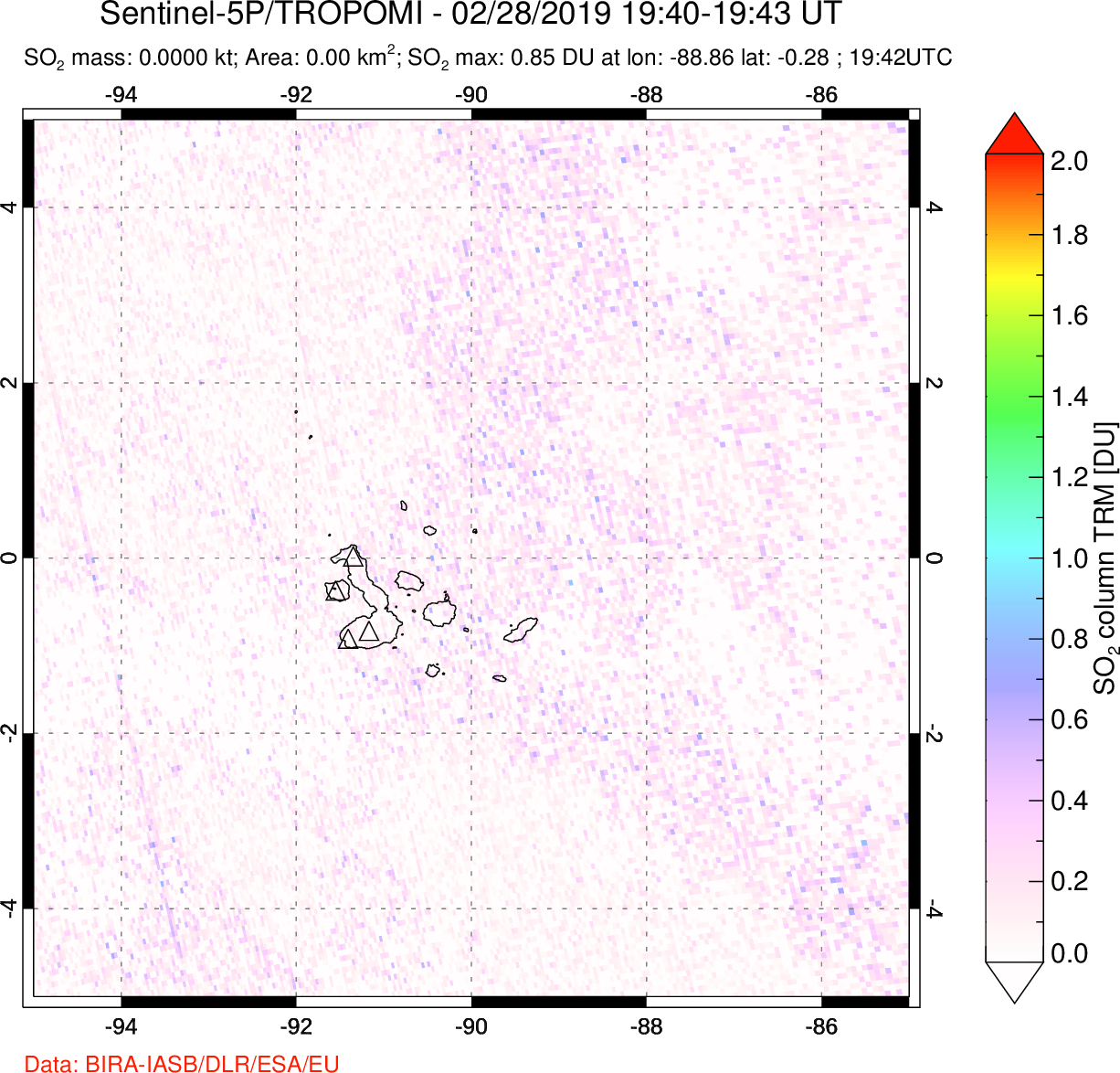 A sulfur dioxide image over Galápagos Islands on Feb 28, 2019.