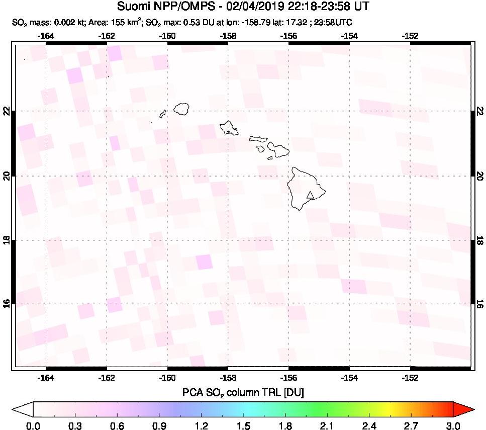 A sulfur dioxide image over Hawaii, USA on Feb 04, 2019.