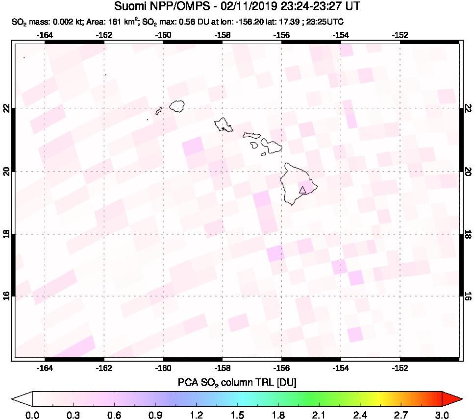 A sulfur dioxide image over Hawaii, USA on Feb 11, 2019.