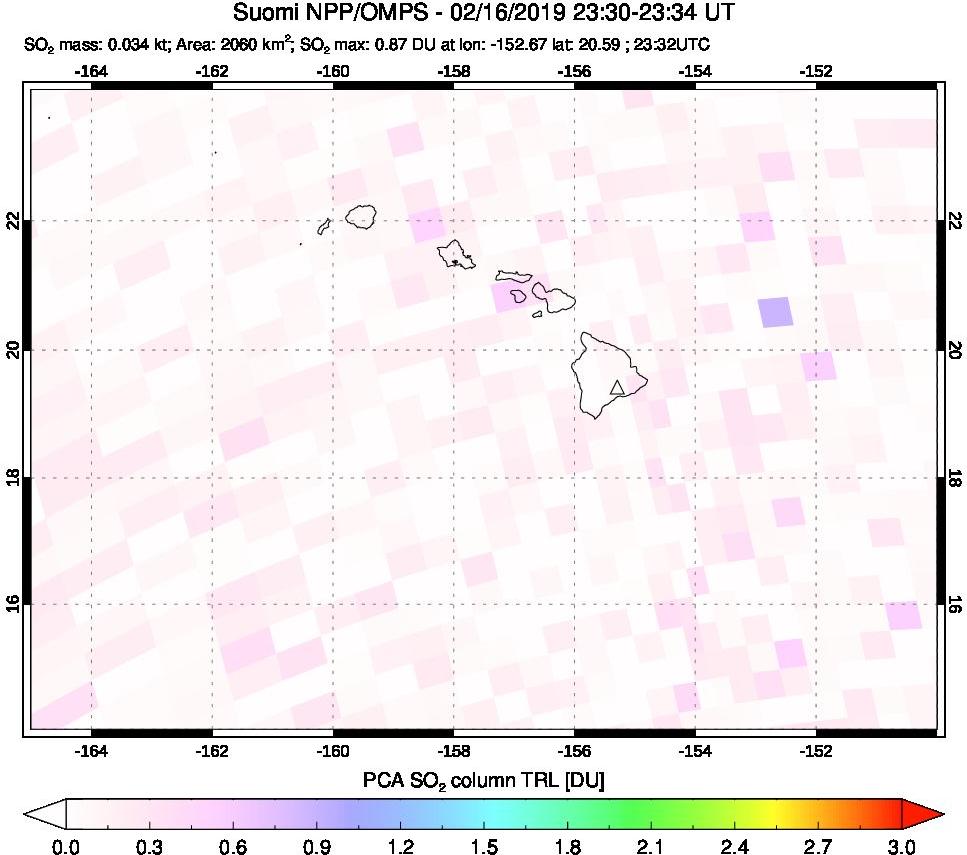 A sulfur dioxide image over Hawaii, USA on Feb 16, 2019.