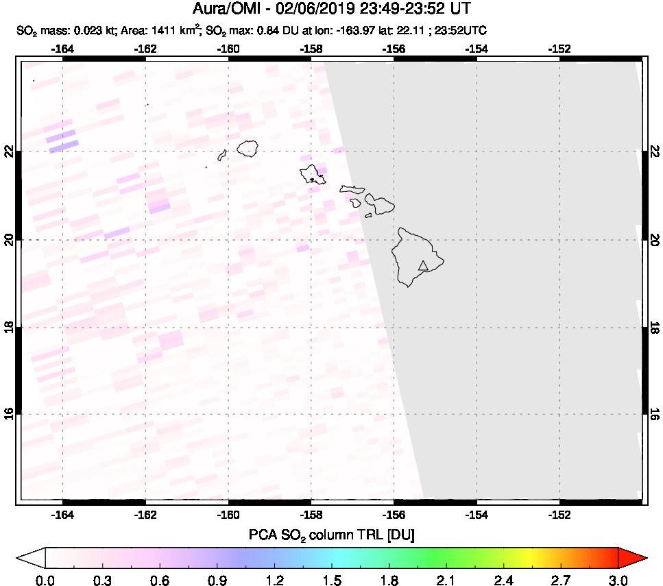 A sulfur dioxide image over Hawaii, USA on Feb 06, 2019.