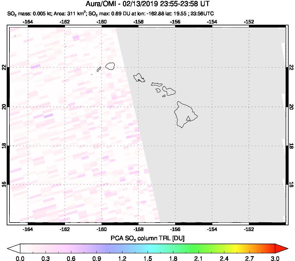 A sulfur dioxide image over Hawaii, USA on Feb 13, 2019.