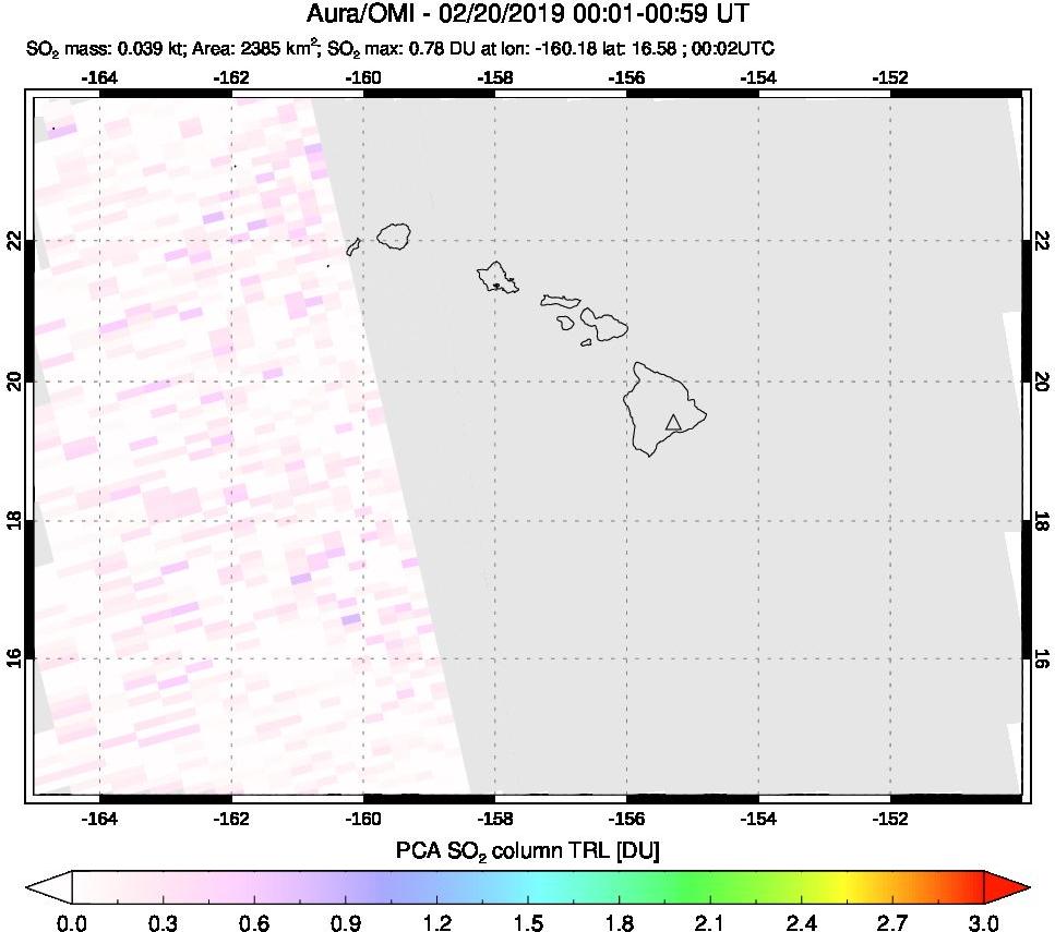A sulfur dioxide image over Hawaii, USA on Feb 20, 2019.