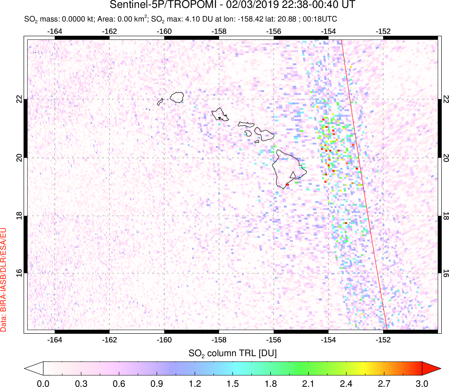 A sulfur dioxide image over Hawaii, USA on Feb 03, 2019.