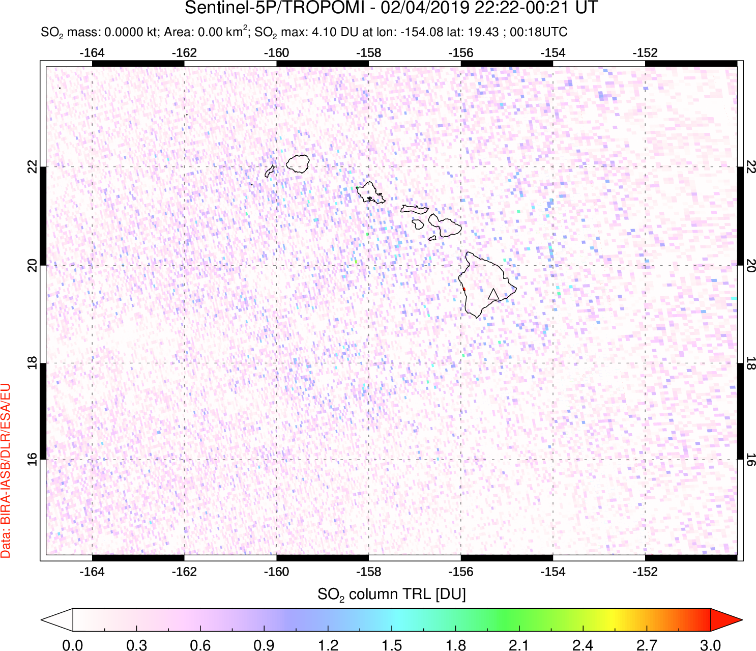 A sulfur dioxide image over Hawaii, USA on Feb 04, 2019.
