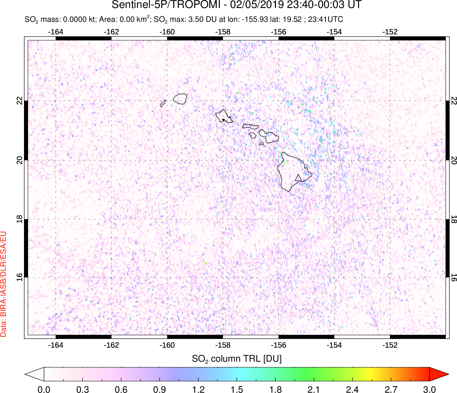A sulfur dioxide image over Hawaii, USA on Feb 05, 2019.