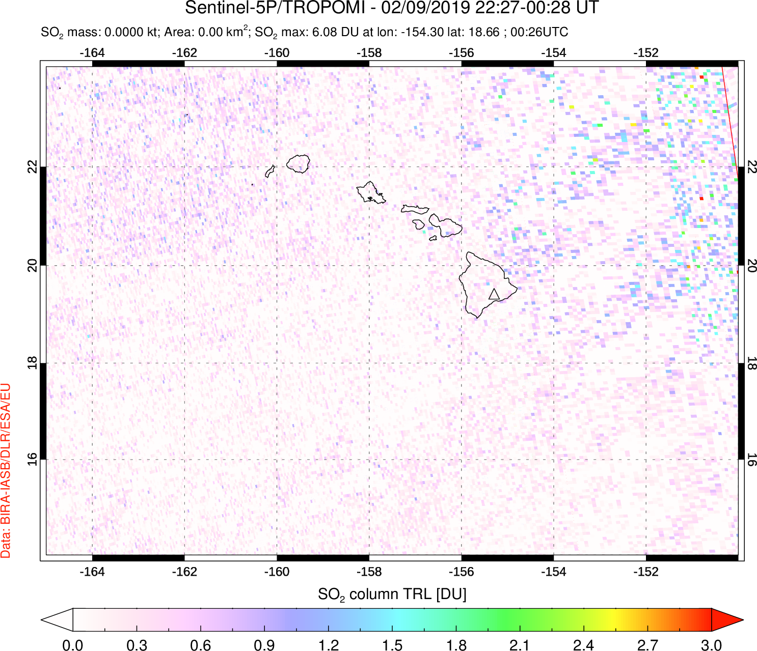 A sulfur dioxide image over Hawaii, USA on Feb 09, 2019.