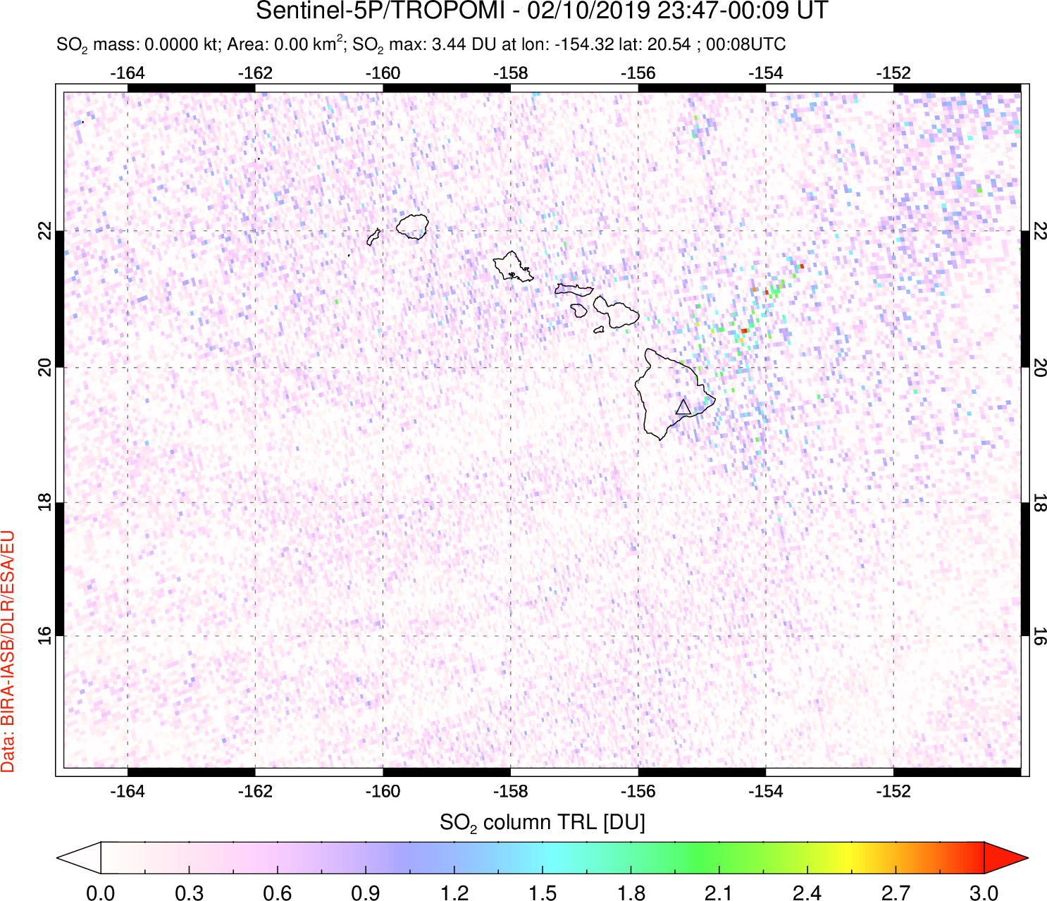 A sulfur dioxide image over Hawaii, USA on Feb 10, 2019.