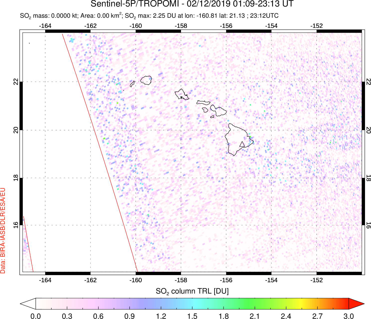 A sulfur dioxide image over Hawaii, USA on Feb 12, 2019.
