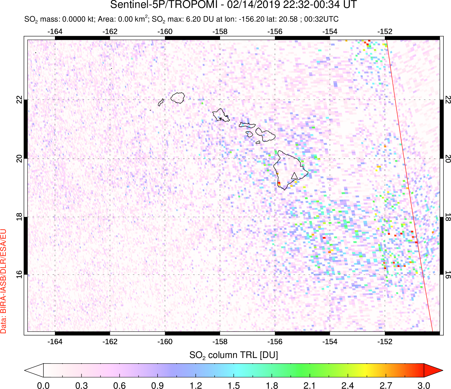 A sulfur dioxide image over Hawaii, USA on Feb 14, 2019.