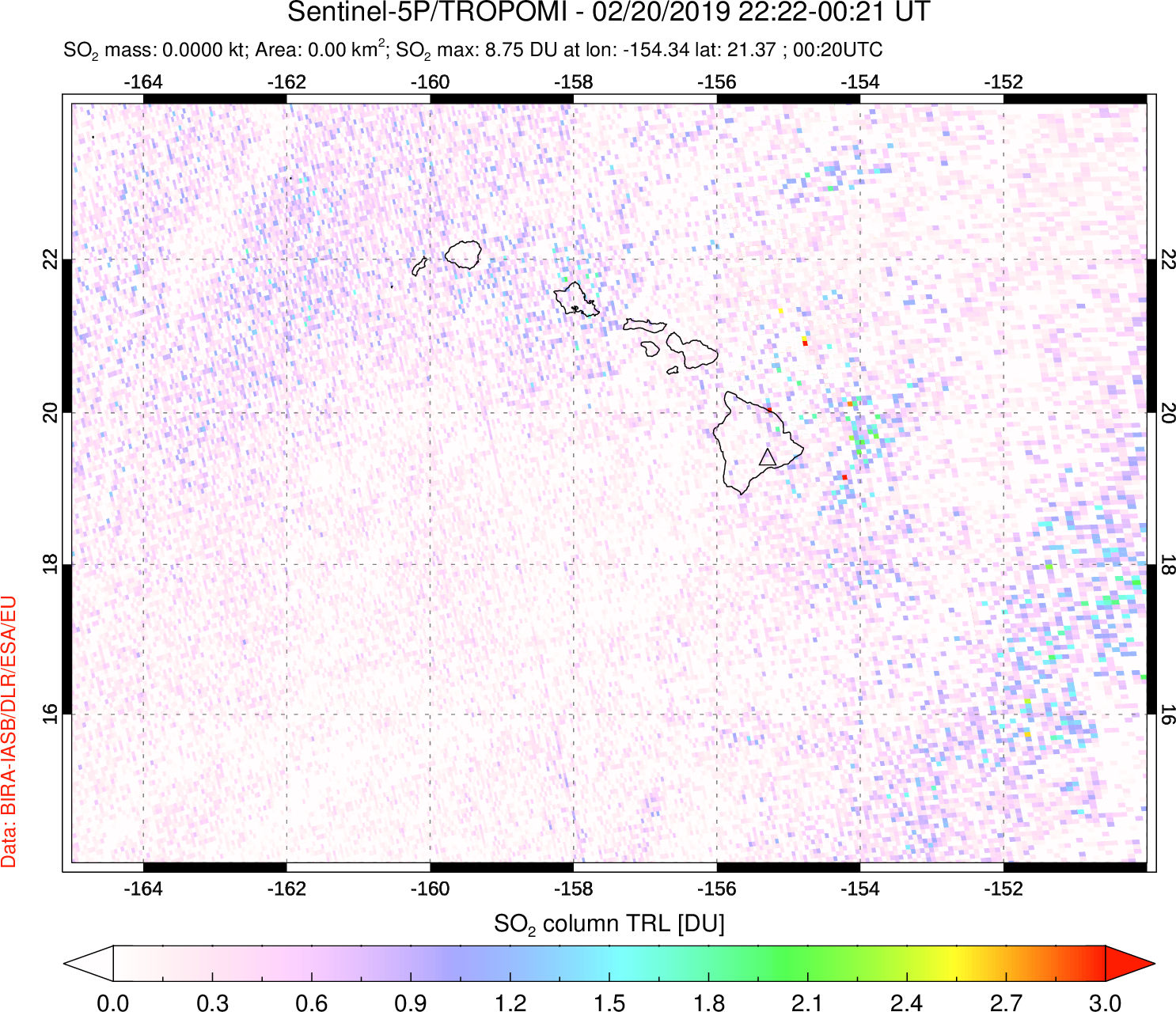 A sulfur dioxide image over Hawaii, USA on Feb 20, 2019.