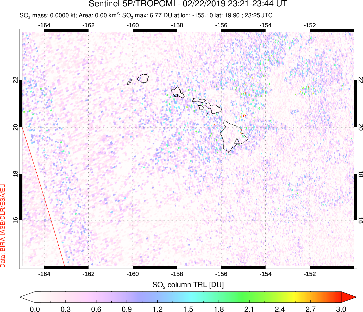 A sulfur dioxide image over Hawaii, USA on Feb 22, 2019.