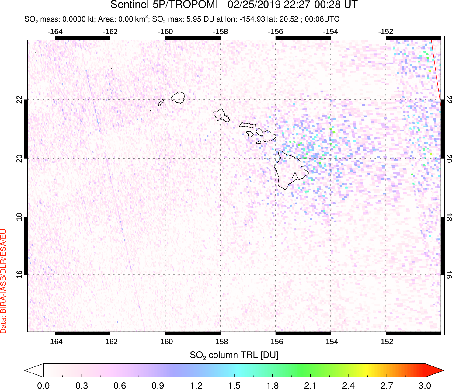 A sulfur dioxide image over Hawaii, USA on Feb 25, 2019.