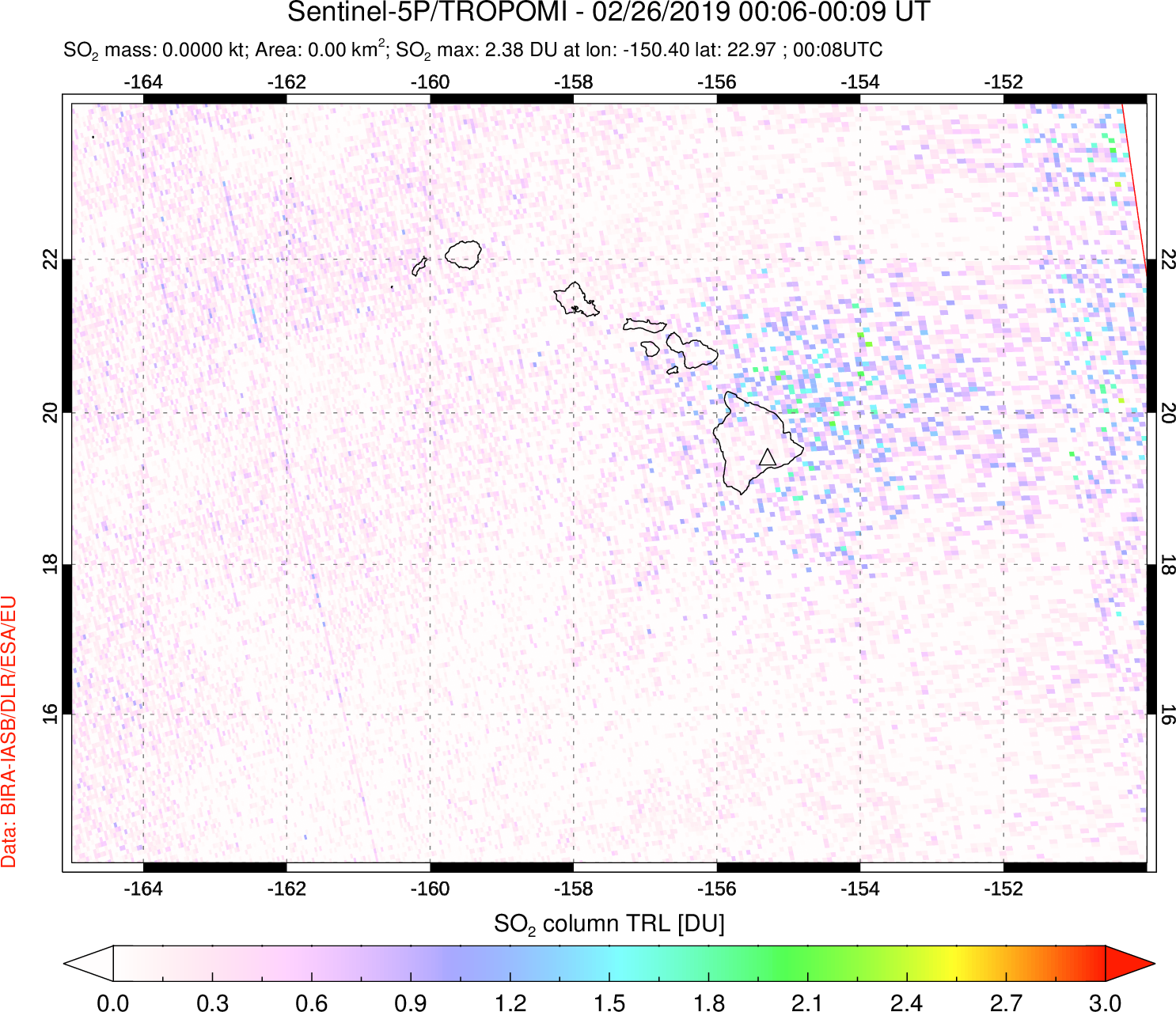 A sulfur dioxide image over Hawaii, USA on Feb 26, 2019.