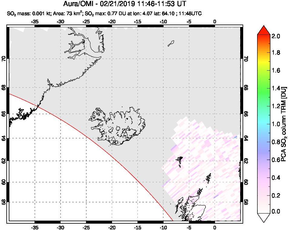 A sulfur dioxide image over Iceland on Feb 21, 2019.