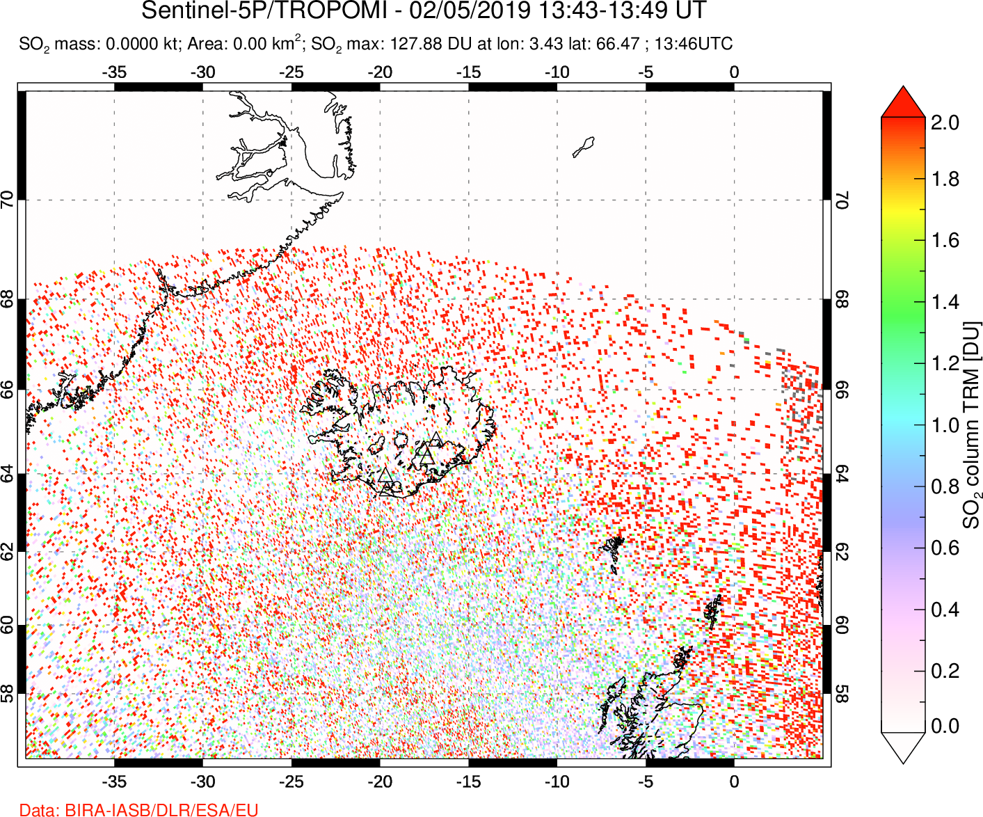 A sulfur dioxide image over Iceland on Feb 05, 2019.