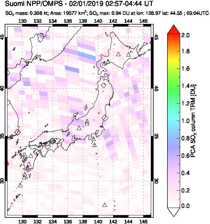 A sulfur dioxide image over Japan on Feb 01, 2019.