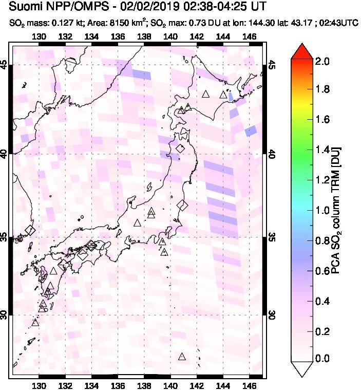 A sulfur dioxide image over Japan on Feb 02, 2019.