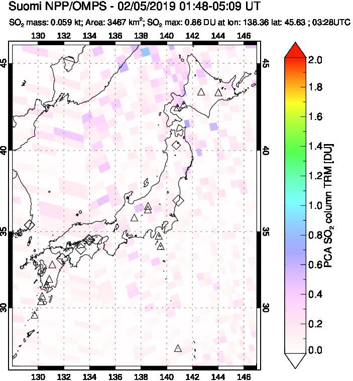 A sulfur dioxide image over Japan on Feb 05, 2019.