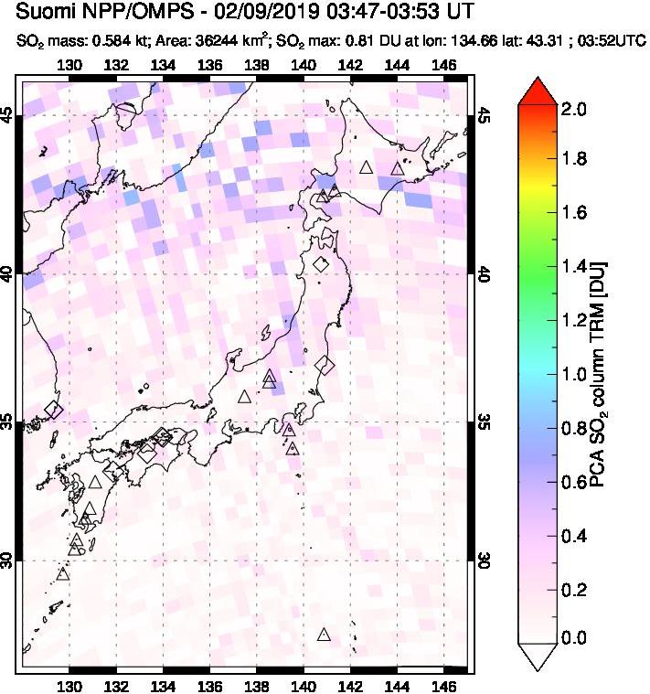 A sulfur dioxide image over Japan on Feb 09, 2019.